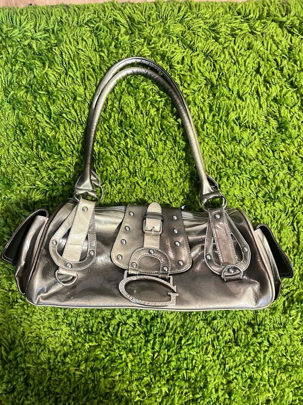 Vintage Y2K Metallic Silver Studded Shoulder Bag